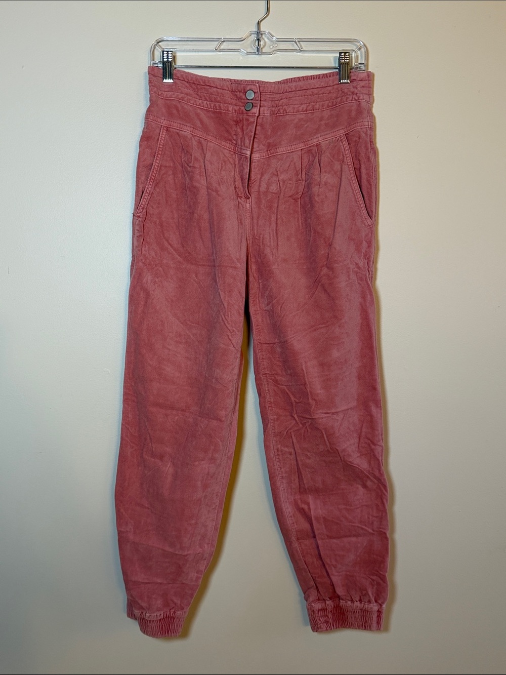 Anthropologie Dusty Rose Plush Pleated Joggers XS Pink with elastic waist